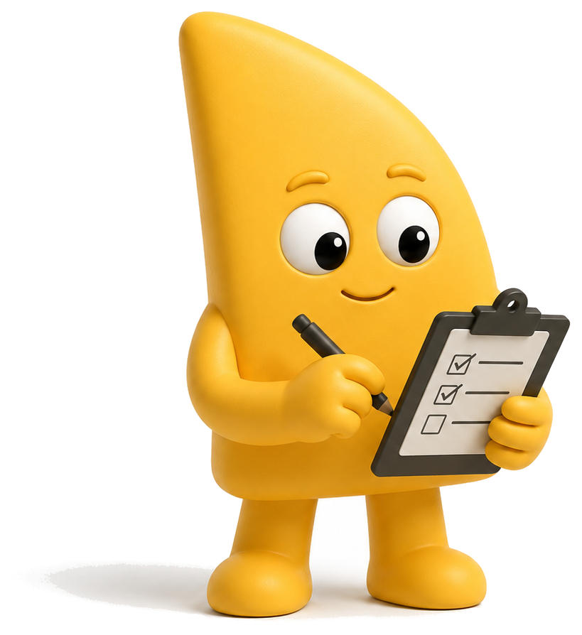 Kai, el coordinador: un personaje amarillo con una tabla de notas y una pluma, marcando pendientes.