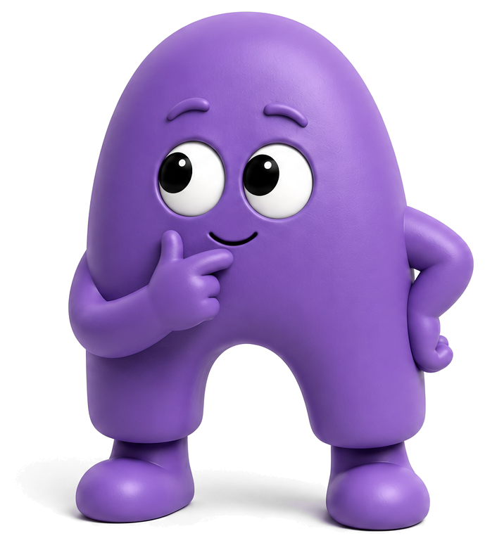 Un personaje morado de la familia de Almago, señalándose a sí mismo.