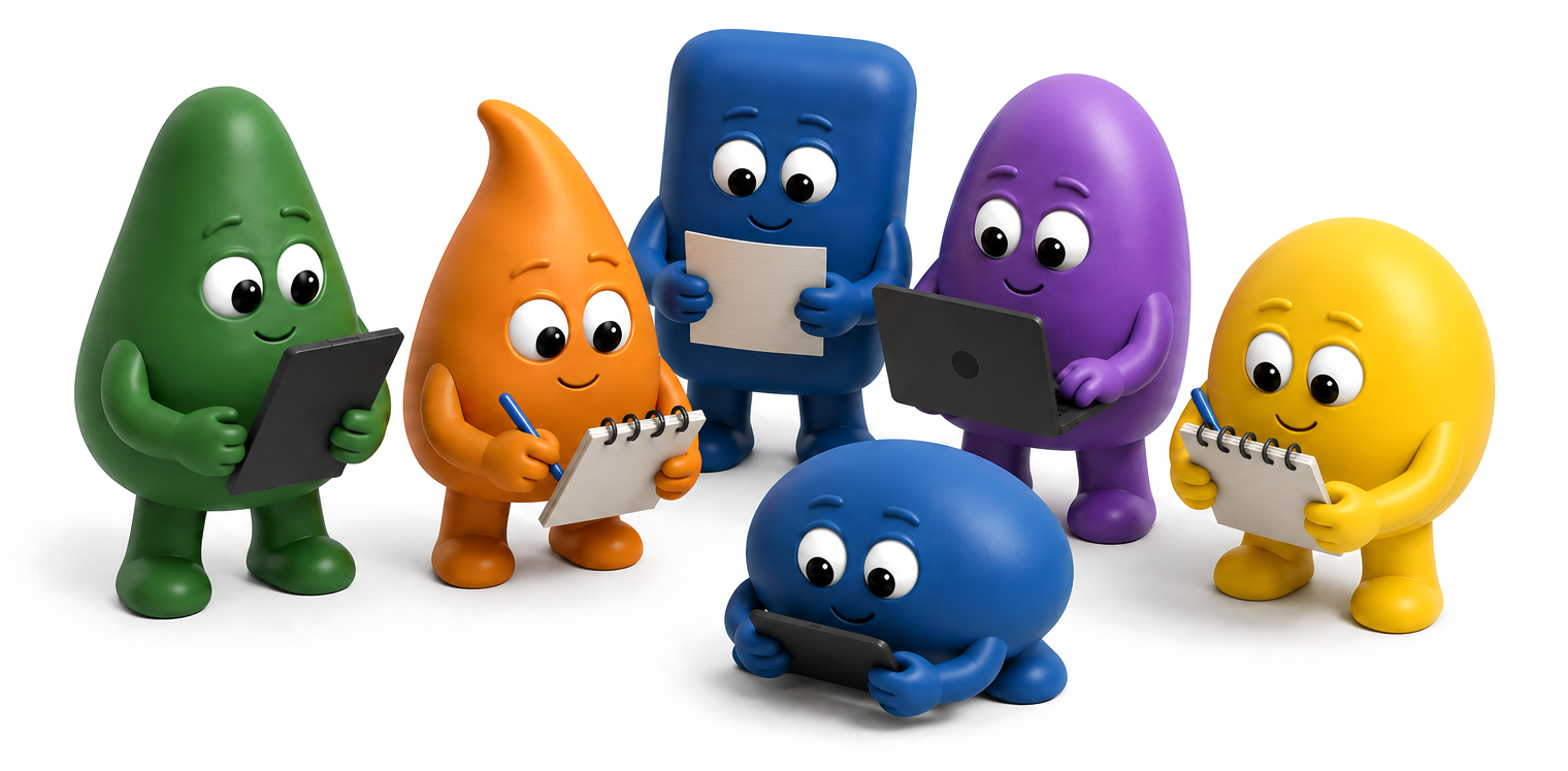 Seis agentes en corro, con libretas, tabletas y una laptop.