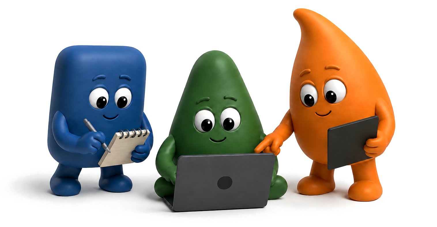 Tres agentes juntos: uno con libreta, otro con laptop y otro con tableta.